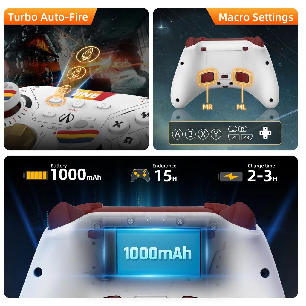 Беспроводной контроллер Switch Pro с джойстиком/триггером на эффекте Холла, (Нет дрейфа) для ПК/Switch/Телефона, Геймпад с NFC/Датчиком движения/Макро/Турбо/Вибрацией