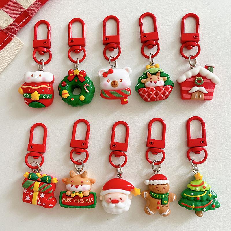 1PC Cartoon Shape Xmas Key Rings For Friends Key Holders Holiday Bag Pendants Part Resin Gifts Multiple Options Available