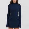 Elegant Dark Blue Solid High Waist Mini Dress Women Fashion Pocket Decora Long Sleeve Bodycon Dresses 2023 Chic Party Club Robes