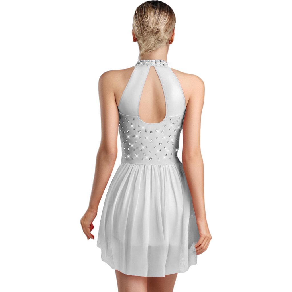 Womens Sparkly Latin Dance Wear Rhinestone Applique Sleeveless Back Hollow Skirted Leotard Gymnastics Bodysuit