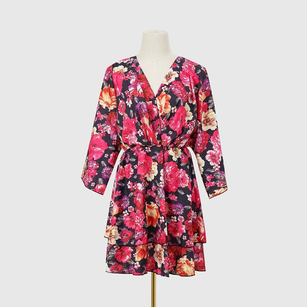 Летний бестселлер для европейских и американских женщин 2023 года: Платье с V-образным вырезом и рукавами три четверти с принтом