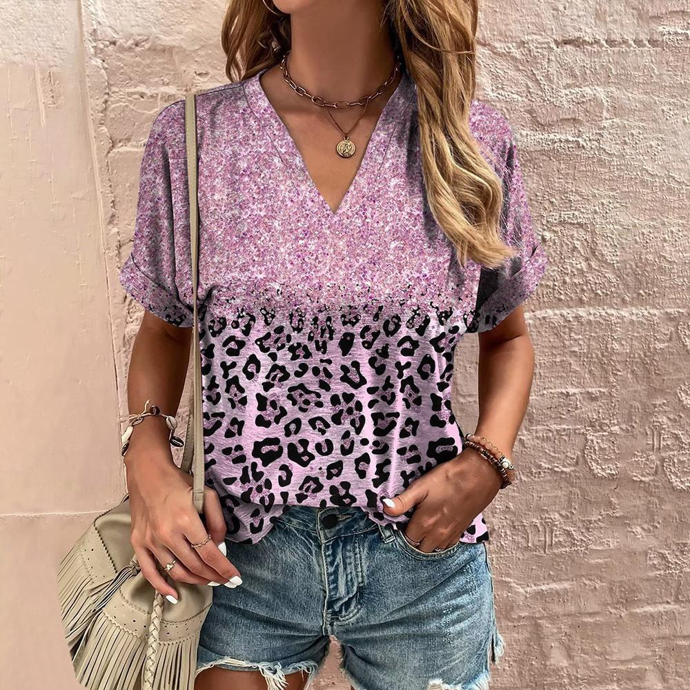 Модная женская футболка с коротким рукавом и V-образным вырезом, летняя блестящая повседневная футболка для женщин, свободный топ оверсайз, пуловер, женская футболка