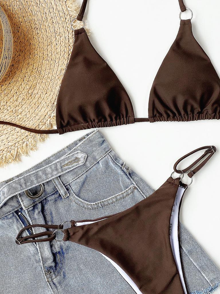 Women's Solid Color Split Swimsuit Triangle Back Tie Bikini Set