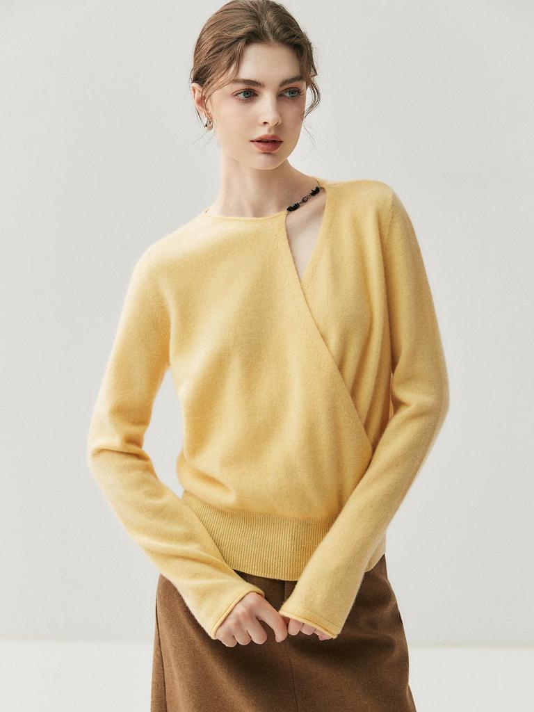 Женский кашемировый свитер французского дизайна с запахом - приятный к коже, вязаный трикотаж свободного кроя для осени и зимы.