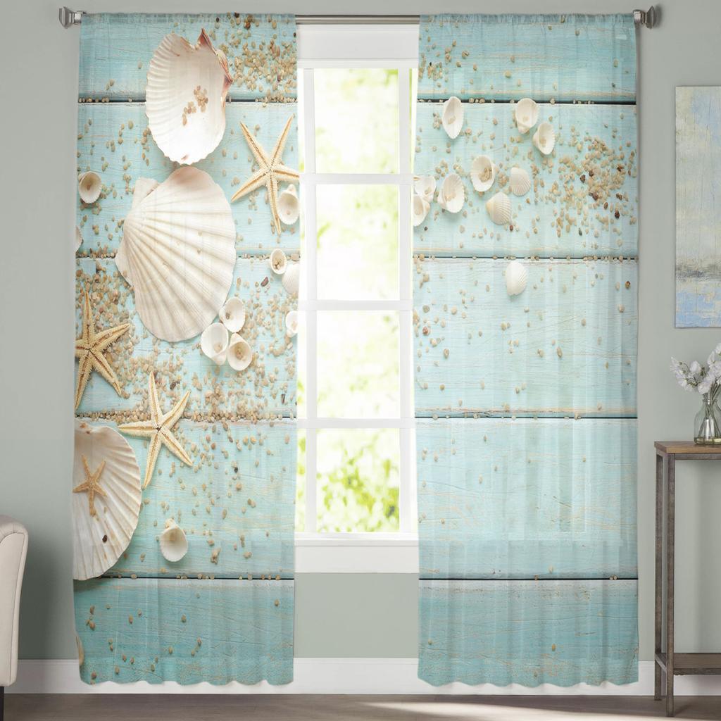Wooden Board Shells Starfish Curtain Window Tulle For Living Room Bedroom The Kitchen Window Treatment Decorations Curtains
