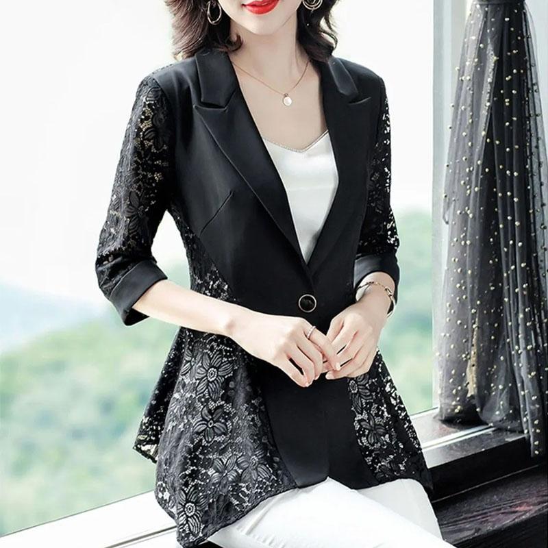 Blazer Suit for Women Slim Fit Long Sleeve Button Cardigan Solid Color Lace Suit Jacket