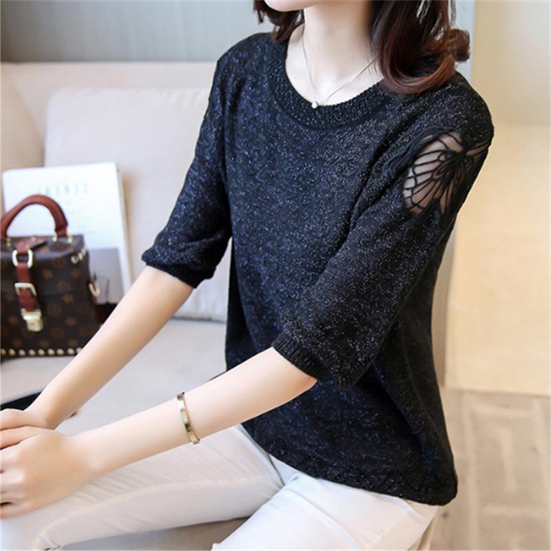 Тонкий свитер, полый кружевной вязаный свитер, новые женские свободные рубашки с семиминутными рукавами, топы