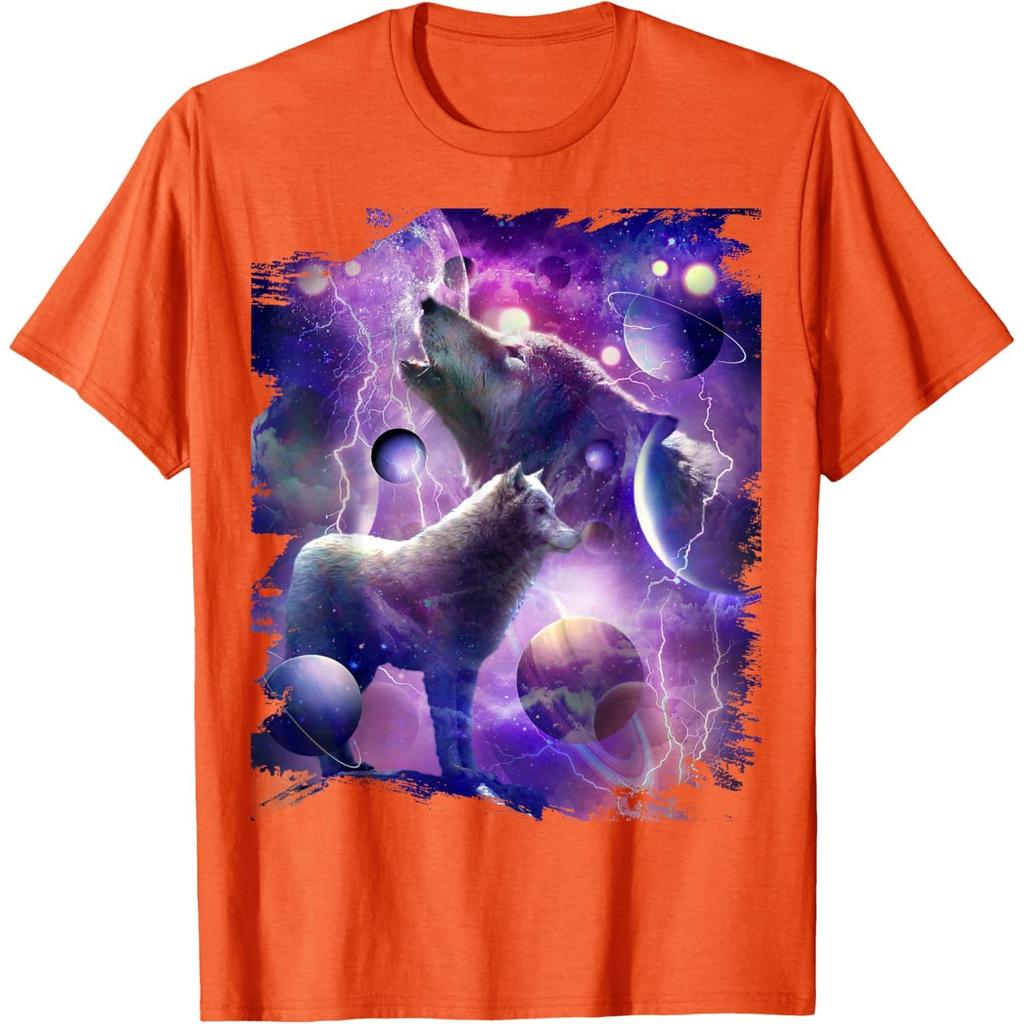 Cosmic Wolf Howling Graphic Tee Men Casual Round Neck Breathable Cotton Print Tshirt
