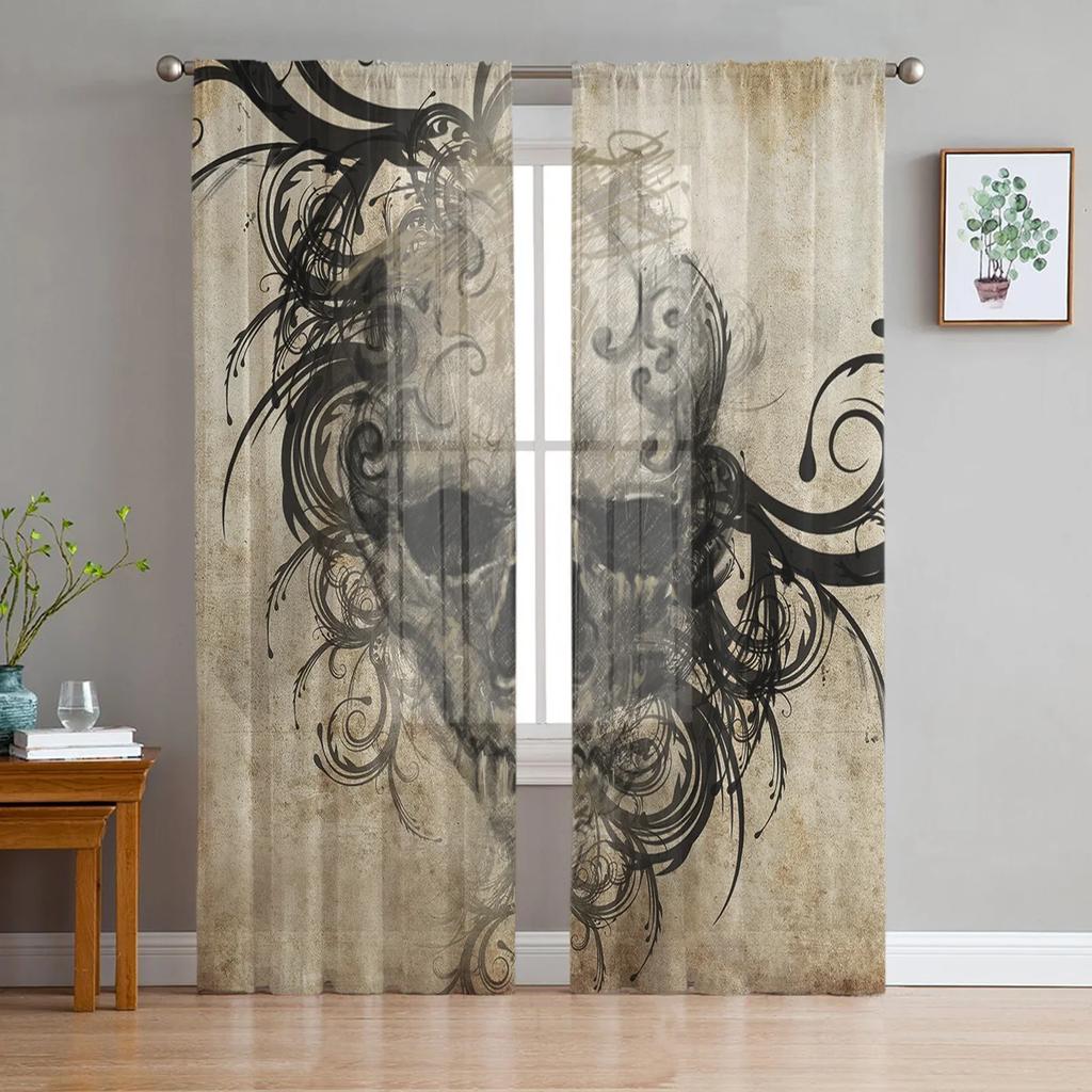 Black Skull Sheer Curtains Living Room Window Tulle Curtains For Bedroom Kitchen Home Decoration Voile Drapes