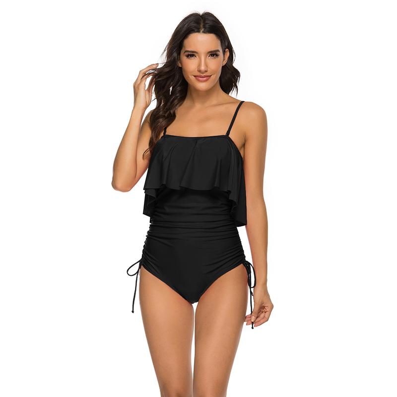 Women Swimsuit Strapless Ruffle One Piece Swimsuit Tummy Control Bandeau Swimwear Slimming Bathing Suit