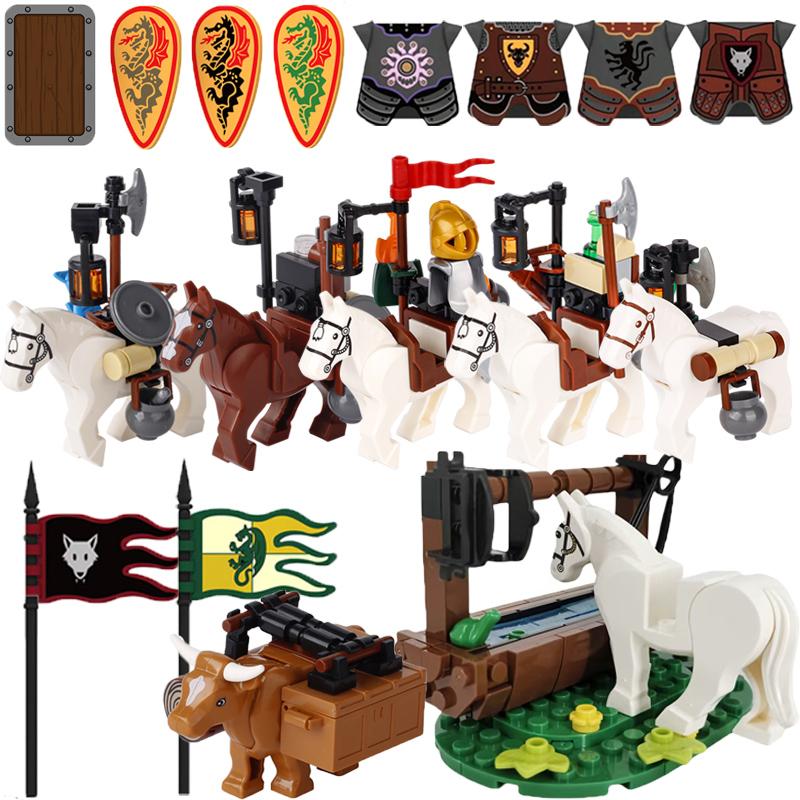 MOC Medieval Building Blocks Soldier Figures Weapons Accessories Armor Shield Flag Transport Ox Horse Mini Brick Toy Gift X010