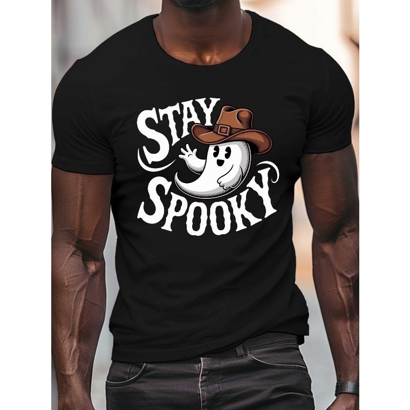 Stay Spooky Ковбой Мужская Повседневная Футболка с Круглым Вырезом и Коротким Рукавом для Лета, Летний Наряд, Повседневная Футболка, Футболка с Принтом, Ковбойский Стиль, Удобная Посадка
