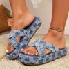 Women Denim Slippers New Summer Platform Sandals Beach Retro Slip On Casual Shoes Open Toe Flat Slippers Canvas Slides Women