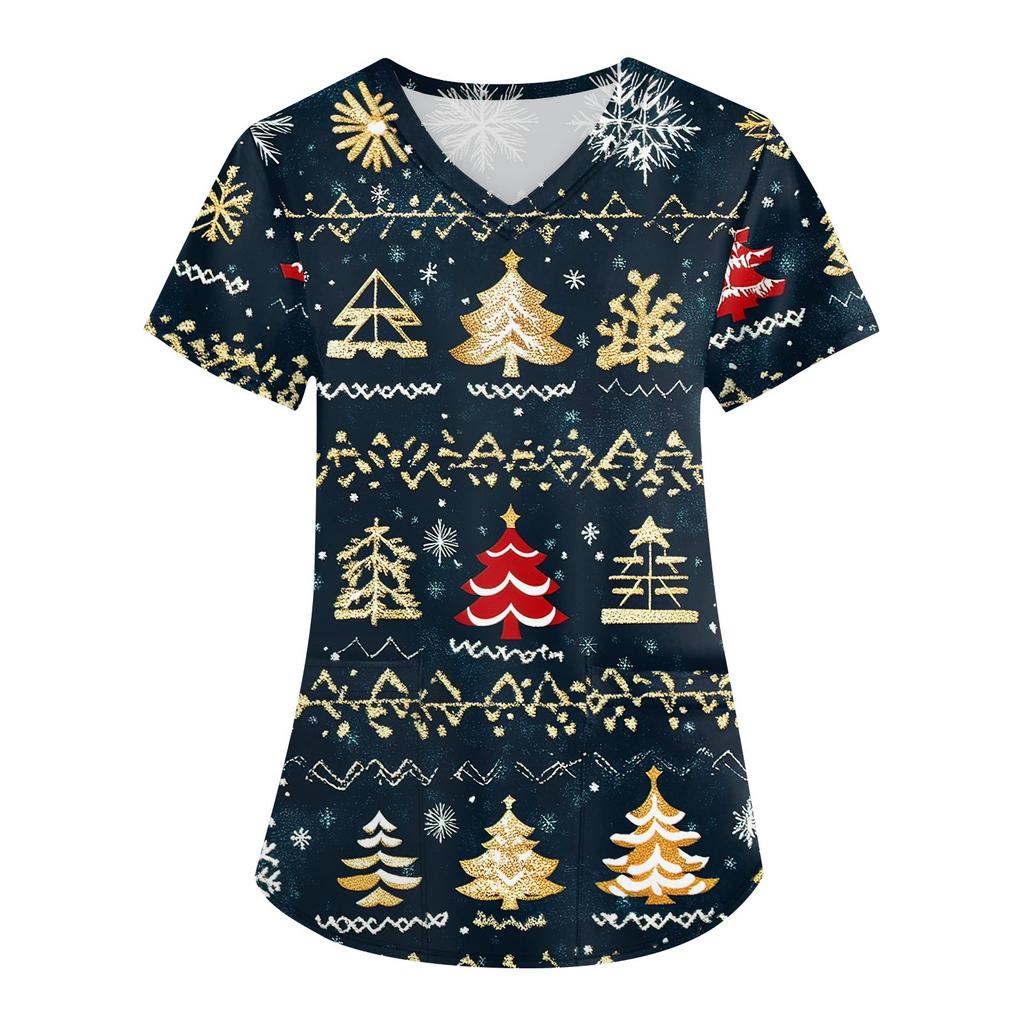 Женская мода с v-образным вырезом, короткими рукавами и карманами, топы с рождественским принтом