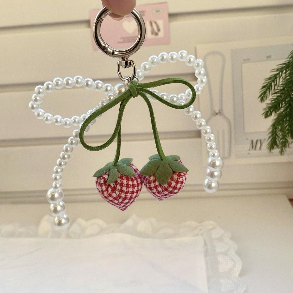 DIY Strawberry Bow Keychain Pearl Bowknot Mobile Phone Pendant Women Bag Charm