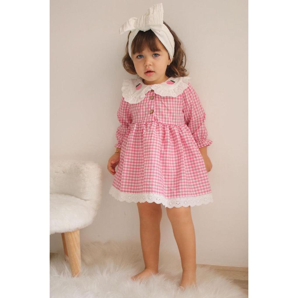 Baby Girl Red White Gingham Cherry Embroidered Ruffle Collar Dress