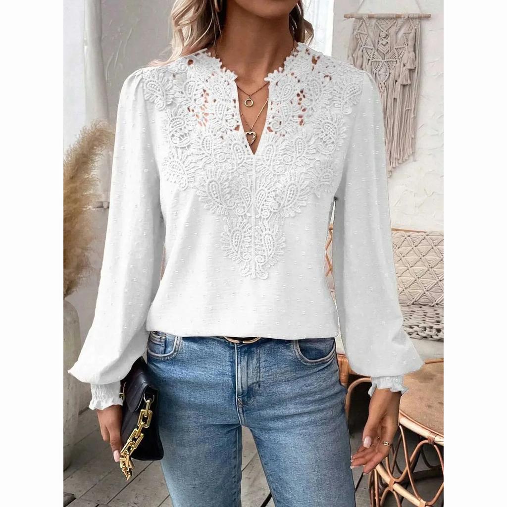 Luxury Lace Hollowed V-Neck Shirt Women Solid Color Long Sleeve Top Office Lady Elegant Daily Blouse