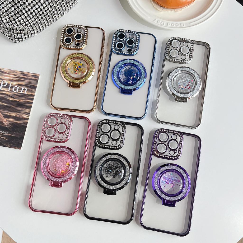 Чехол-бампер для телефона с подставкой, защищающий объектив камеры, с гальваническим покрытием, блестками и бриллиантами, для iPhone 17 16 Pro Max Samsung S25 S24, прозрачная защитная крышка