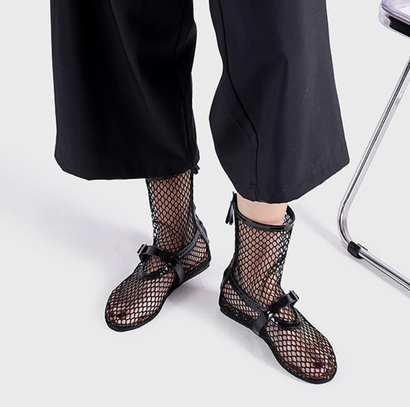 2025 женские новые сетчатые римские сапоги сексуальные короткие сапоги женские новые черные одинарные туфли туфли на плоской подошве