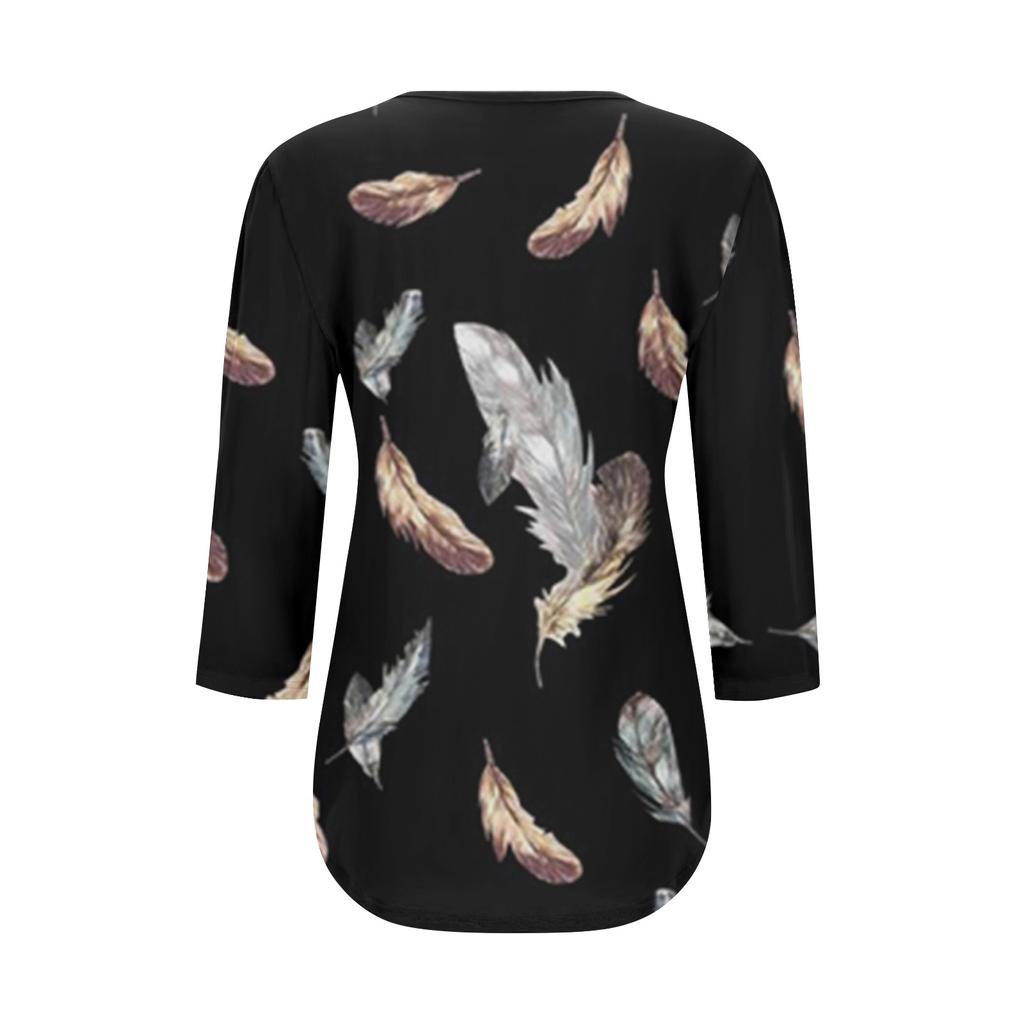 Женская модная повседневная плиссированная футболка с круглым вырезом и принтом для отдыха с рукавом семь четвертей