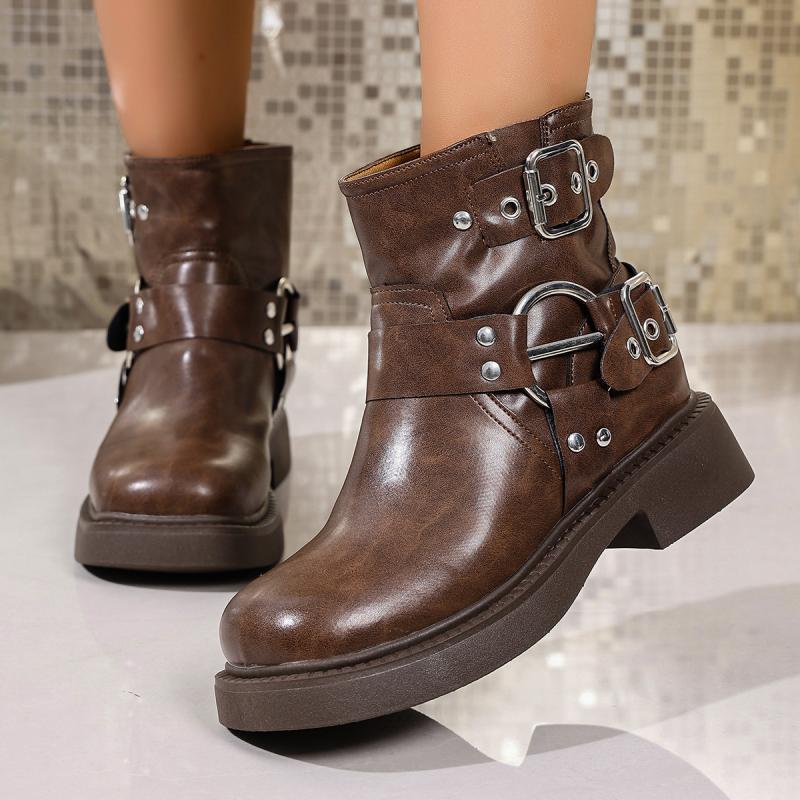 Fashion Punk Metal Belt Buckle Decoration Ankle Boots Women 2025 Autumn Medium Heel Slip On Western Booties Bohemia Brown Riding Boots