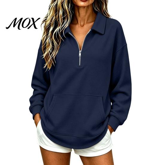 Women Waffle Sweatshirt Half-zip Sweatshirt, Long Sleeve Pullover Top with Kangaroo Skin Friendly Pocket, Loose Fit Casual Lapel for Fall Winter