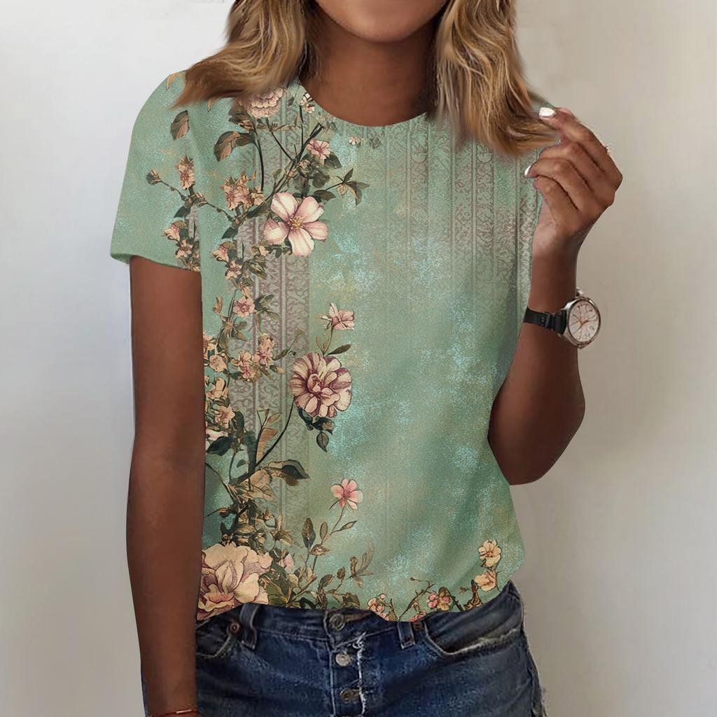 Women's Fashion Casual Printed Round Neck Short Sleeved T-Shirt Top T-Shirt Top Top