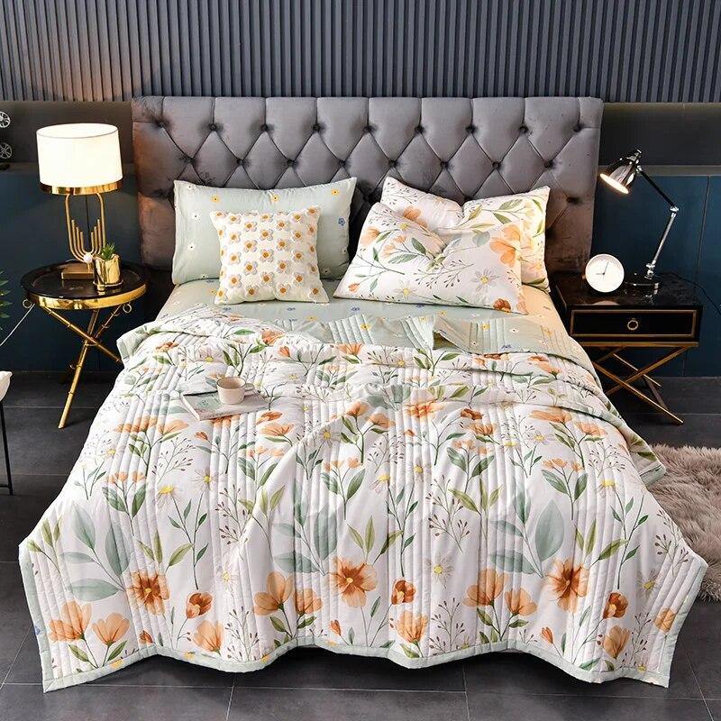 Summer Washed Cotton Quilt Air-conditioning Comforter Soft Breathable Blanket Thin Leaf Print Bedspread Bed Cover Home Textiles