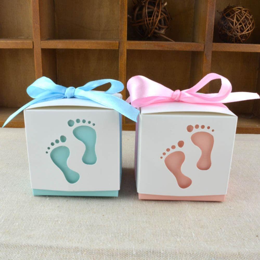 10pcs Ribbon Footprints Candy Box Cute Gift Packaging Box Baby Shower Favor Boxes Baby Shower