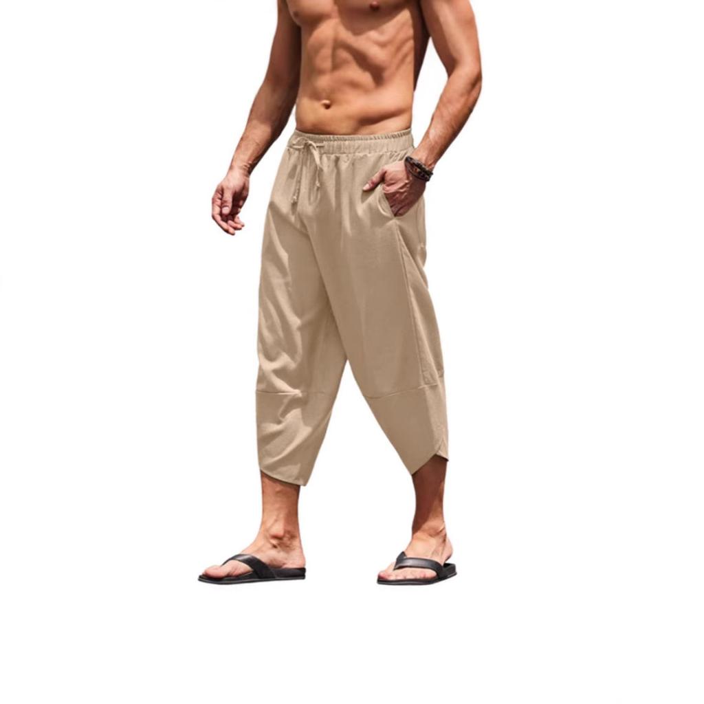 Мужские летние однотонные брюки-капри, шорты-шаровары, мужские укороченные брюки с эластичным поясом и шнурком, мешковатые спортивные штаны длиной 3/4