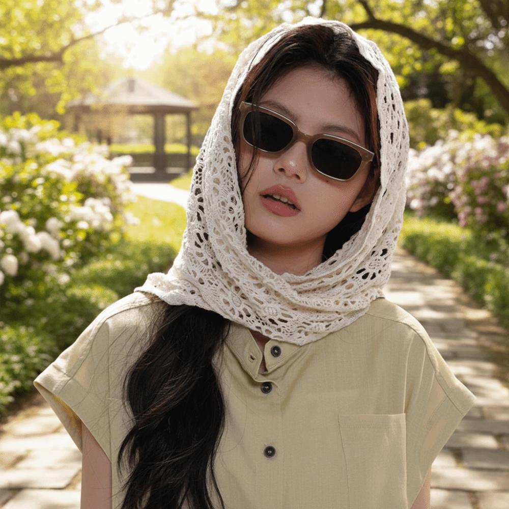 White Knitted Triangle Scarf Ethnic Style Crochet Flower Scarves Hollow Out Lace Shawl Summer