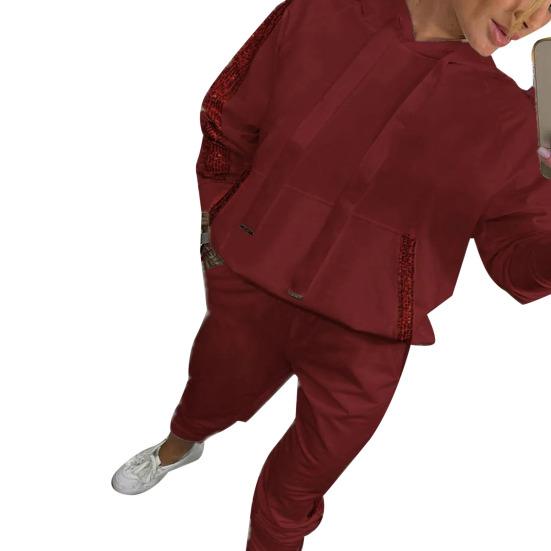2 Pcs/Set Women Hoodie Pants Suit Long Sleeves with Sequined Pocket Solid Color Top Elastic Waist Trousers Daily Wear Sport Outfit Fall Spring