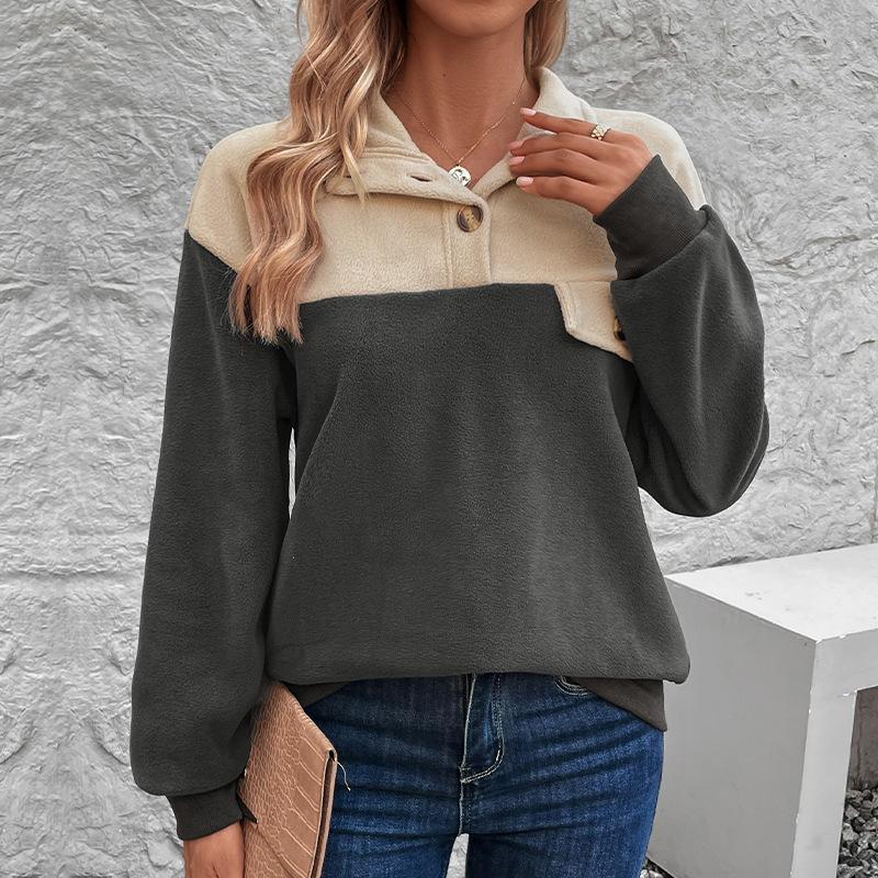 Женская осень-зима с длинным рукавом и воротником-стойкой, цветной блок, пуловер с капюшоном, свитшот, топ