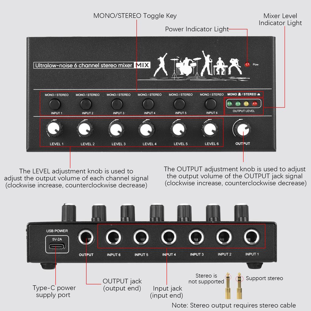 6-канальный аудиомикшер, стереолинейный микшер, металлический корпус, источник питания USB Type-C для гитары, баса