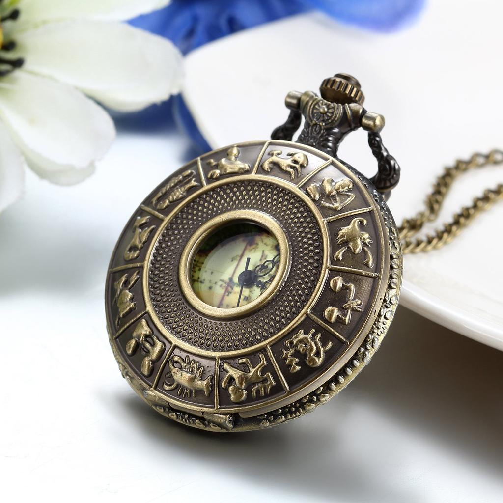 Ювелирные изделияМы Оригинальные карманные часы с мотивом зодиака Аналоговый дисплей Кварцевые часы Антикварные модные праздничные подарки отцу
