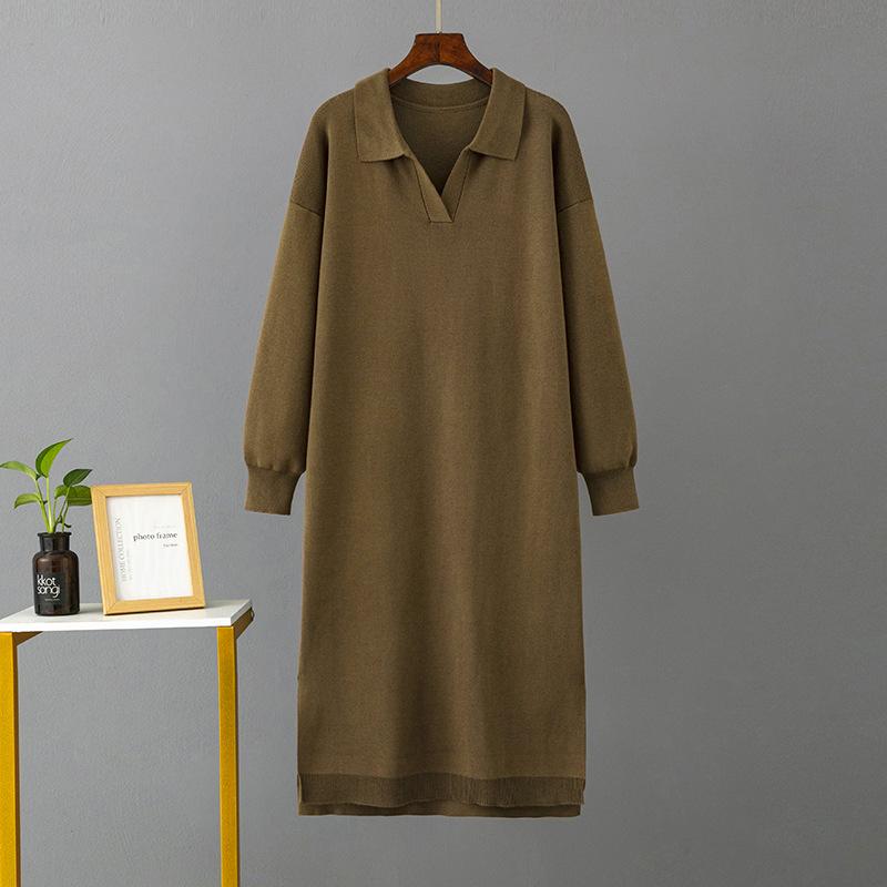 Autumn and Winter Women's Sweater Dress Polo Neck Bottom Knitting Long Dress Loose Plus Size Solid Colour Dresses