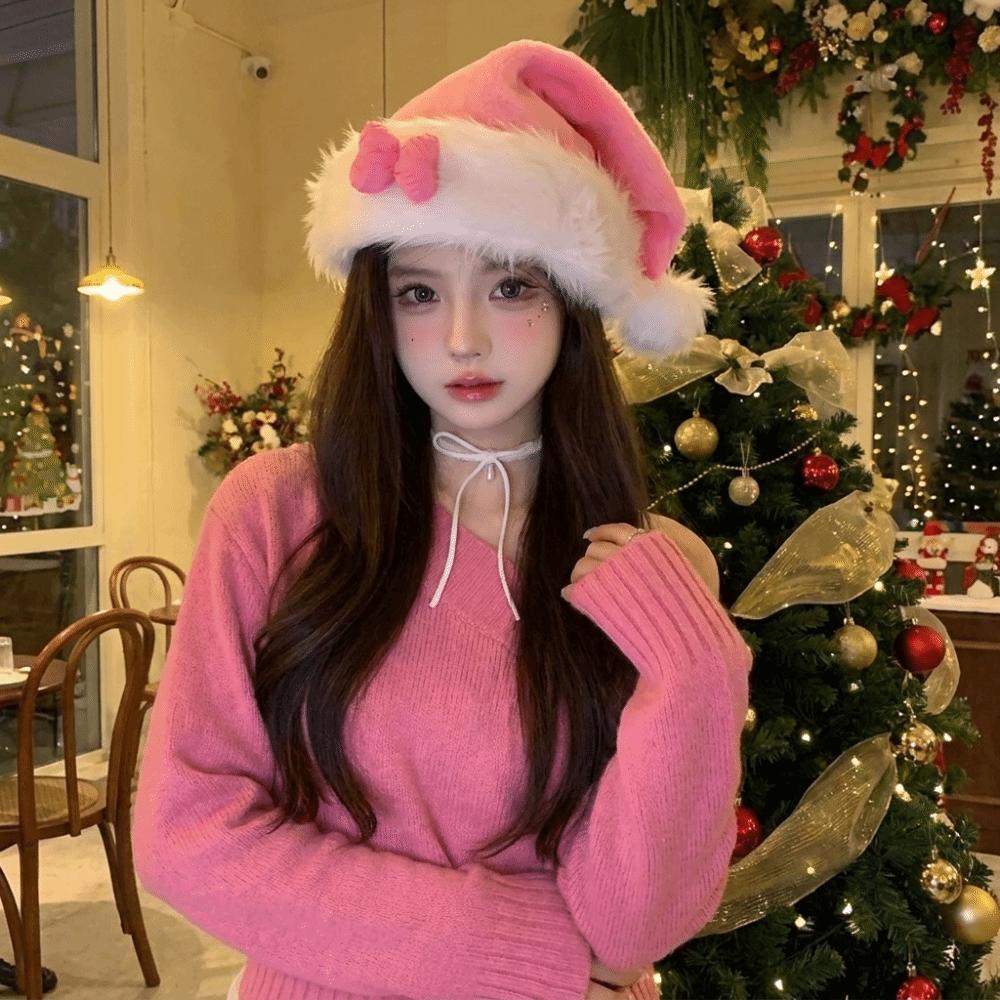 Soft Fuzzy Christmas Hat Fluffy Plush Hat New Pink Bow Santa Hat Photo Prop