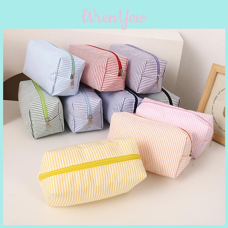 Student Grid Pattern Triangle Pencil Case With Striped Fabric For Portable School Supplies