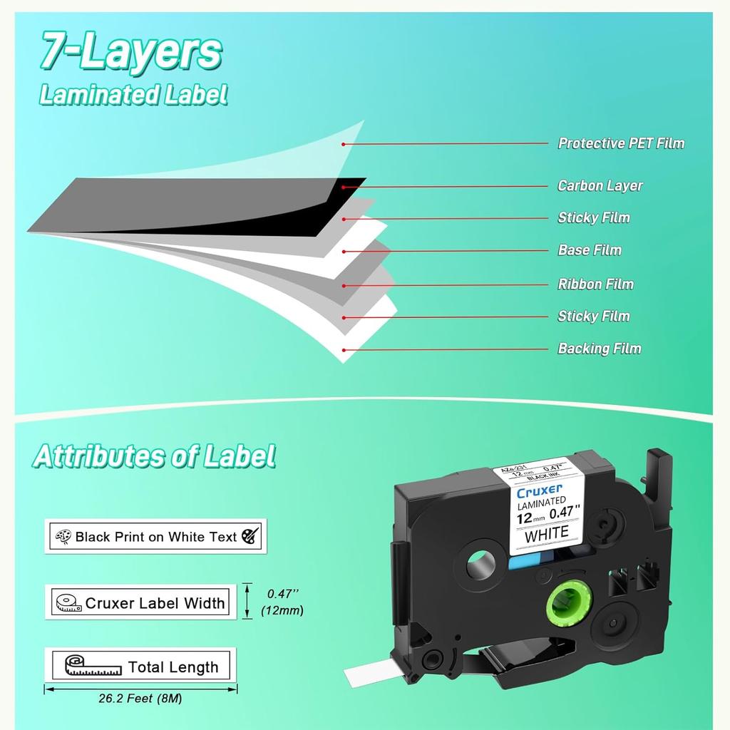 10 Pack Label Tape 12mm 0.47" Replacement for P-Touch Tape Compatible with Ptouch TZe-231 TZ-231 Laminated Tape, Black On White, for PT-D200 PT-D210