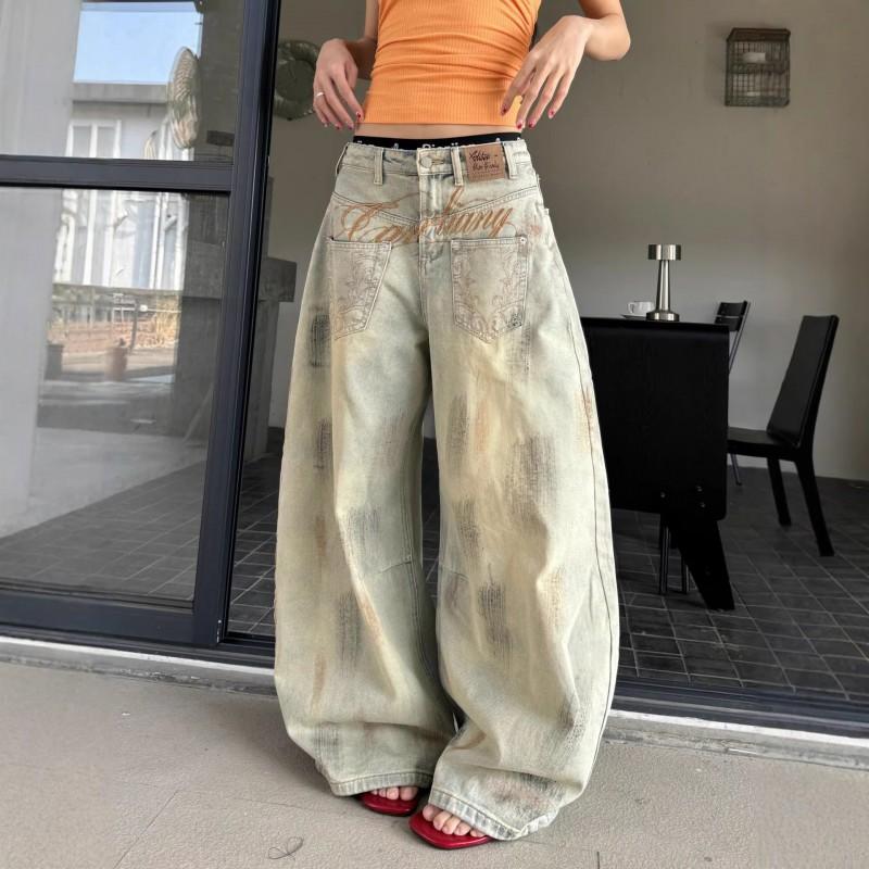 Men Women American Vintage Dirty Wash Jeans High Waist Wide Leg Loose Trousers