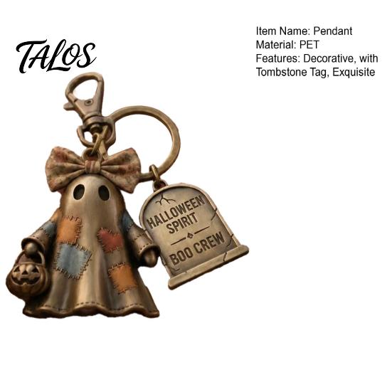 Halloween Charm Keychain Mini Bow Ghost Pendant with Tombstone Tag, Spliced Patch And Pumpkin Keychaine Basket, Retro Rotating Lobster Clasp Key Ring