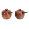 2Set Japanese Seasoning Jar Retro Wooden Condiment Container with Lid and Spoon for Kitchen