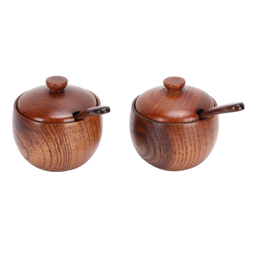 2Set Japanese Seasoning Jar Retro Wooden Condiment Container with Lid and Spoon for Kitchen
