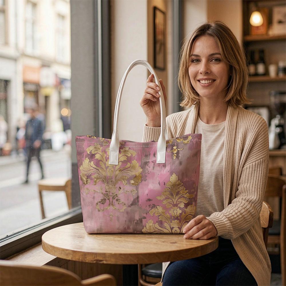 Vintage Pink Golden Pattern Tote Bag Elegant Portable Casual Daily Handbag for Women Shopping Travel