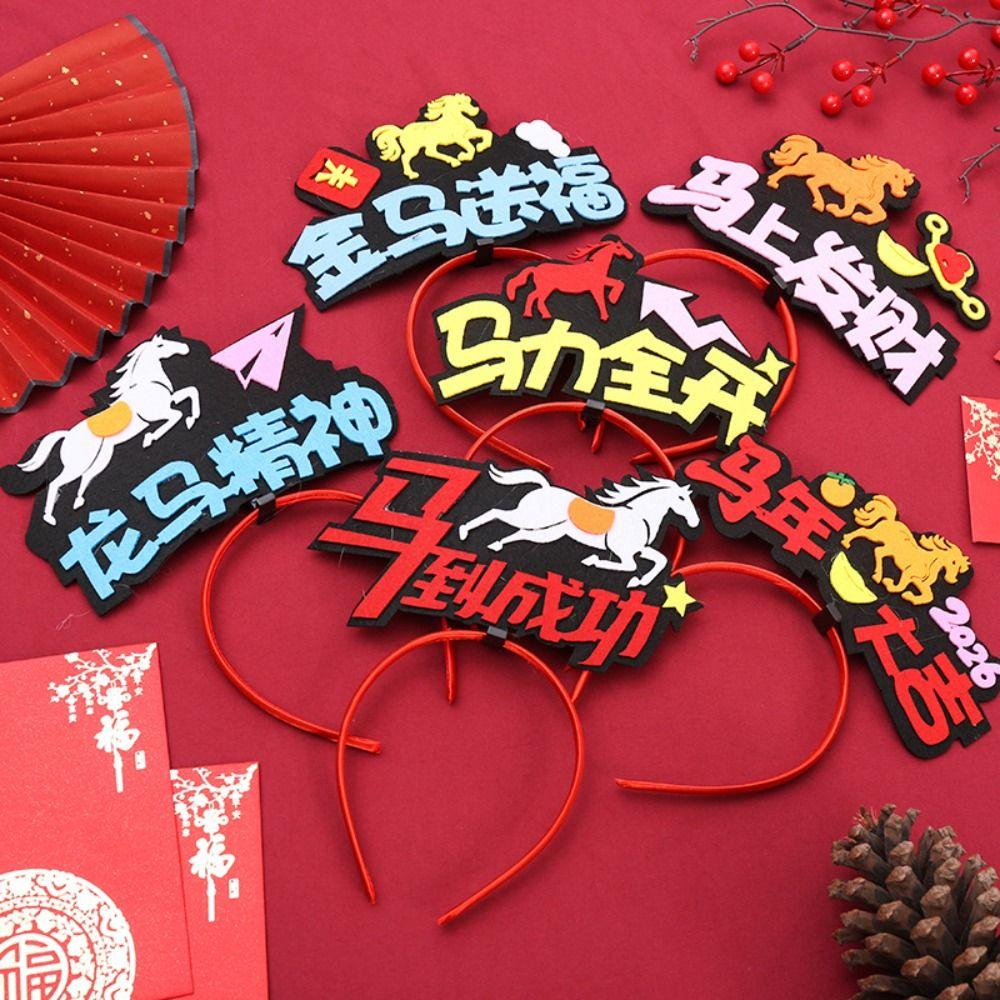Cartoon 2026 Happy New Year Headband Red New Year Headdress Kawaii Horse Year Hairband Children