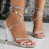 Модные Элегантные Серебристые Босоножки на Высоком Каблуке с Перекрестной Шнуровкой Женские Летние Хрустальные Босоножки с Ремешком на Пряжке на Щиколотке Женские Большого Размера Sandalias Mujer