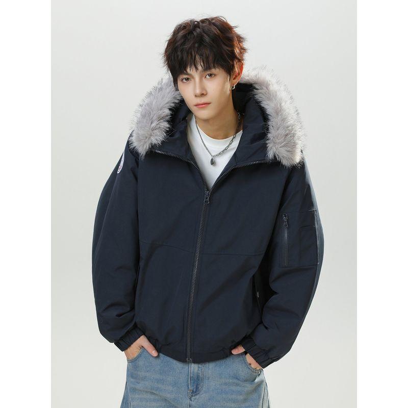 Wassup American Retro Fur Collar Hooded Cotton Parka Jacket for Men and Women, Winter Thickened Minimalist Workwear Cotton Coat