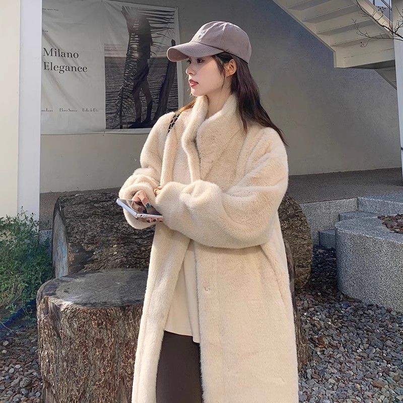 Autumn and Winter Thickened Long Stand-up Collar Imitation Mink Hair Thickened Wool Environmentally Friendly Fur Jacket Women's Light Coat