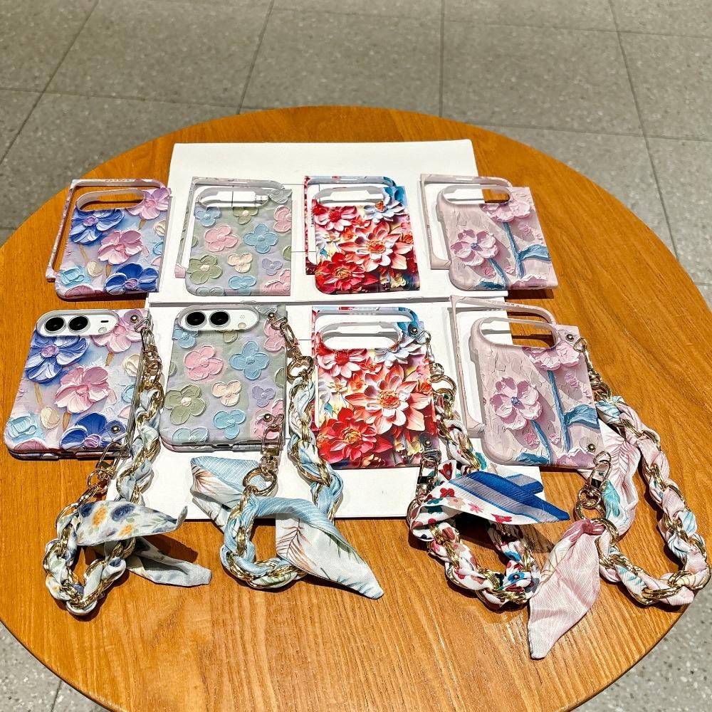 Luxury 3D Embossed Watercolor Floral Phone Case For IPhone DUO 18 Fold Fabric Wrist Strap Aesthetic Trendy Shockproof Anti Scratch Protection Cover