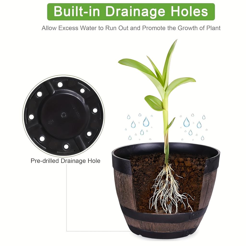 1 шт. Винтажный горшок для цветов в виде бочки из-под виски, садовый горшок с полосатым узором из смолы, дренажным отверстием и блюдцем, повседневный стиль, пластиковый овальный контейнер для растений для трав